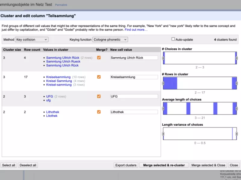 Clustering in OpenRefine (Screenshot: Louise Tharandt).