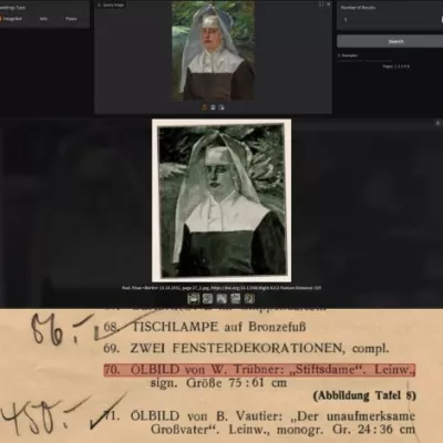 Bildähnlichkeitssuche von Wilhelm Trübners “Schwester Ferdinande” (1917) in German Sales-Auktionskatalogen, hier als “Stiftsdame” bezeichnet